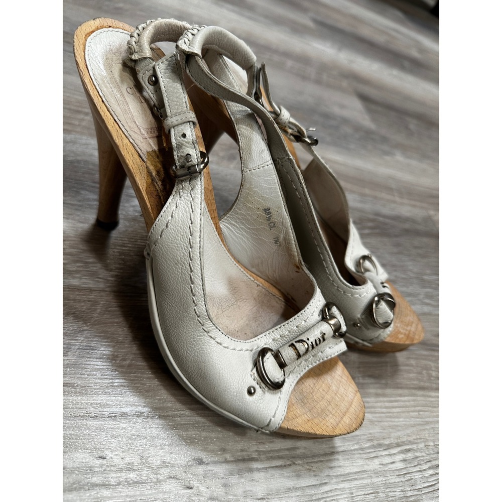 Christian Dior Vintage Leather Horsebit Wooden Clogs Slingback Heels 38.5